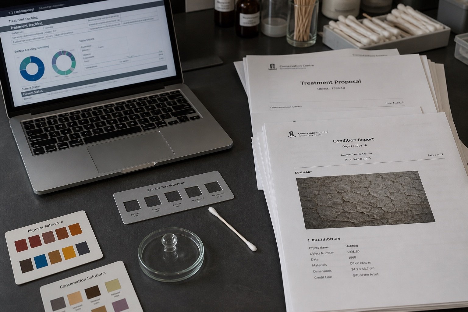 Laptop and reports beside solvent test windows on a quiet work table